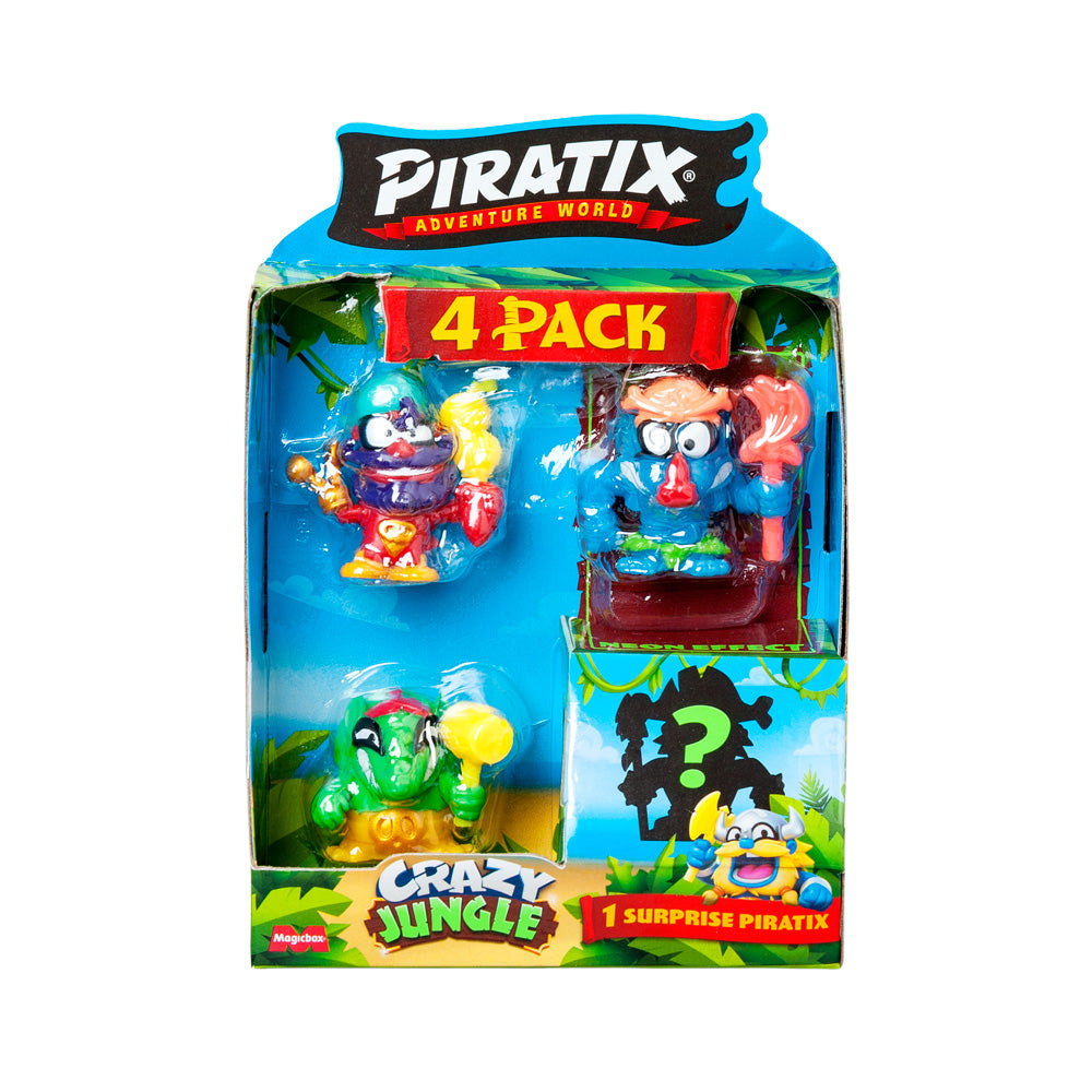 PIRATIX ADVENTURE WORLD Serie Crazy Jungle, Pack de 4 - Contiene 4 Piratix: 1 neón y 1 Sorpresa; y 4 Accesorios neón. Pack 3 de 6