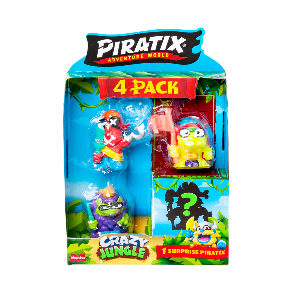 PIRATIX ADVENTURE WORLD Serie Crazy Jungle, Pack de 4 - Contiene 4 Piratix: 1 neón y 1 Sorpresa; y 4 Accesorios neón. Pack 3 de 6