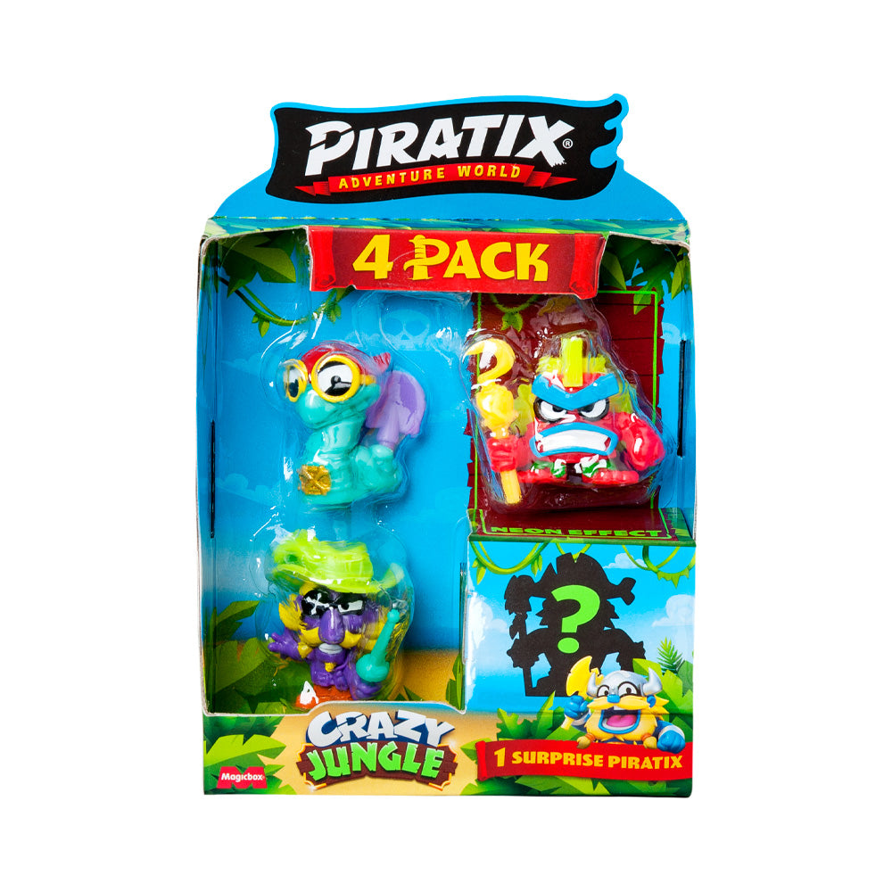 PIRATIX ADVENTURE WORLD Serie Crazy Jungle, Pack de 4 - Contiene 4 Piratix: 1 neón y 1 Sorpresa; y 4 Accesorios neón. Pack 3 de 6