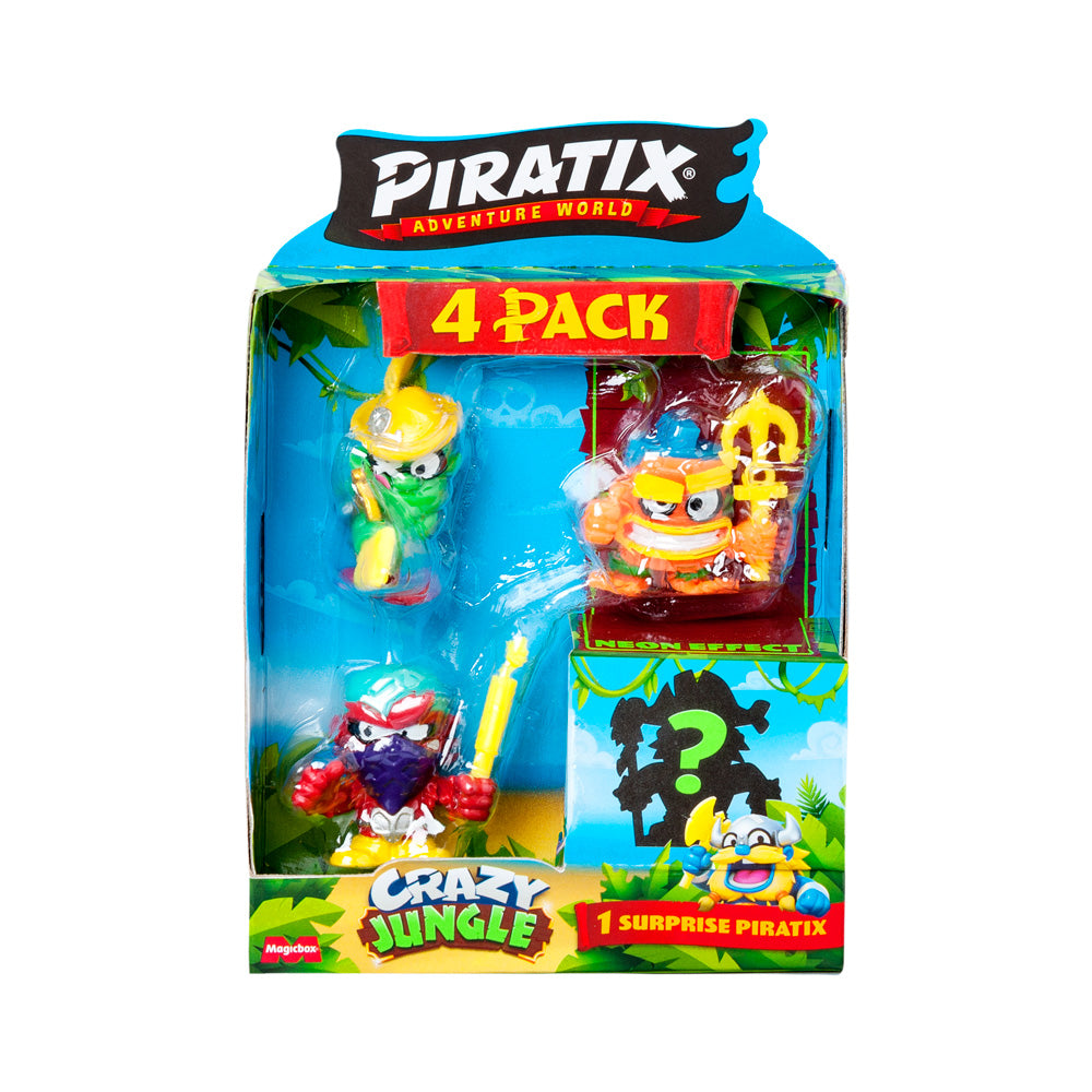 PIRATIX ADVENTURE WORLD Serie Crazy Jungle, Pack de 4 - Contiene 4 Piratix: 1 neón y 1 Sorpresa; y 4 Accesorios neón. Pack 3 de 6
