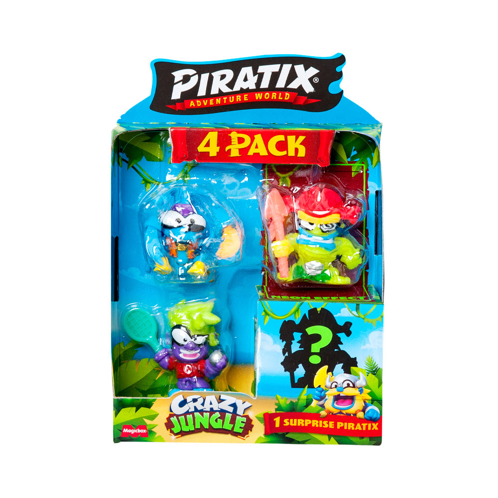 PIRATIX ADVENTURE WORLD Serie Crazy Jungle, Pack de 4 - Contiene 4 Piratix: 1 neón y 1 Sorpresa; y 4 Accesorios neón. Pack 3 de 6