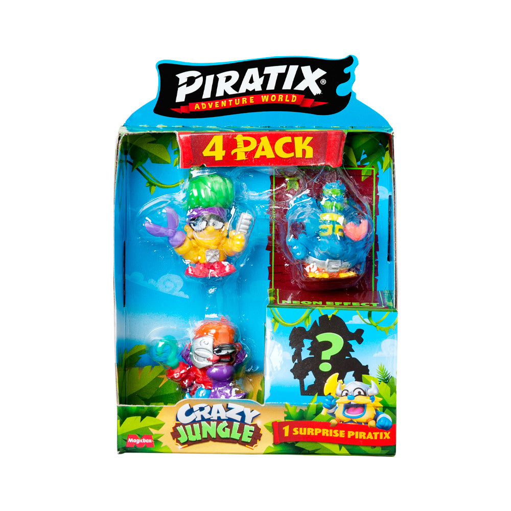 PIRATIX ADVENTURE WORLD Serie Crazy Jungle, Pack de 4 - Contiene 4 Piratix: 1 neón y 1 Sorpresa; y 4 Accesorios neón. Pack 3 de 6